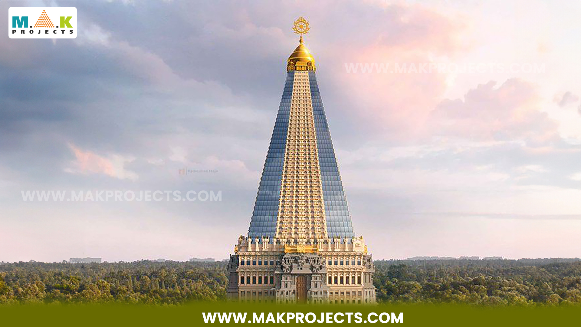 Rendering Of The Hare Krishna Heritage Tower, A 430-Foot Tall Spiritual And Cultural Landmark In Kokapet, Hyderabad, With A Golden Spire, Set Against A Scenic Landscape, Developed By Mak Projects.