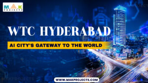 The Image Shows A Promotional Banner For &Quot;Wtc Hyderabad&Quot; With The Tagline &Quot;Ai City'S Gateway To The World.&Quot; The Banner Features A Vibrant Cityscape With Illuminated Buildings, A Prominent Skyscraper, And Bright, Streaming Traffic Lights, Suggesting A Dynamic And Technologically Advanced Setting. The Text &Quot;Mak Projects&Quot; Is Displayed At The Top Left Corner, Along With Their Website Url &Quot;Www.makprojects.com&Quot; At The Bottom Of The Image.