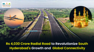 $1 Trillion Gsdp In Sight For Telangana: A Vision For Unprecedented Growth 7 A Wide Six-Lane Expressway Stretches Across Green Fields Under A Clear Sky, Symbolizing Infrastructure Development. Overlay Graphics Feature An Airplane (Left) And Hyderabad’s Iconic Charminar (Right), Representing Connectivity And Urban Growth. Text Reads: “Rs 4,030 Crore Radial Road To Revolutionize South Hyderabad'S Growth And Global Connectivity.” Mak Projects Logo Is Displayed In The Top-Left Corner.