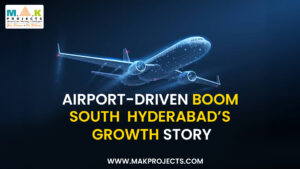 Digital Poster Featuring A Futuristic Airplane With The Text &Quot;Airport-Driven Boom – South Hyderabad’s Growth Story&Quot; And The Mak Projects Logo In The Top-Left Corner.