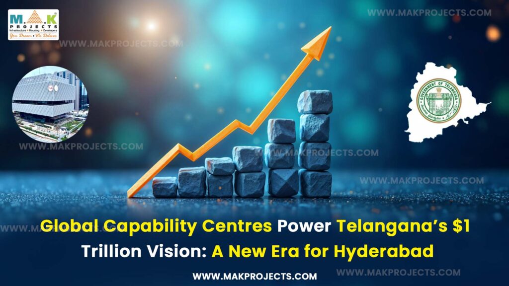 Global Capability Centres Driving Telangana’s $1 Trillion Economy Vision With Hyderabad As The Growth Hub, Featuring An Upward Graph, Telangana State Map, And Modern Office Buildings.