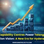 Global Capability Centres Driving Telangana’s $1 Trillion Economy Vision With Hyderabad As The Growth Hub, Featuring An Upward Graph, Telangana State Map, And Modern Office Buildings.