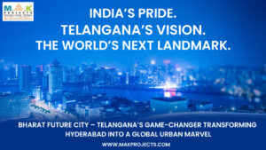 Hyderabad-Ai-City-Wtc 7 Poster Showcasing Bharat Future City, A Visionary Urban Development Near Hyderabad By Telangana Government, Highlighting India’s Pride And Telangana’s Vision With Mak Projects.